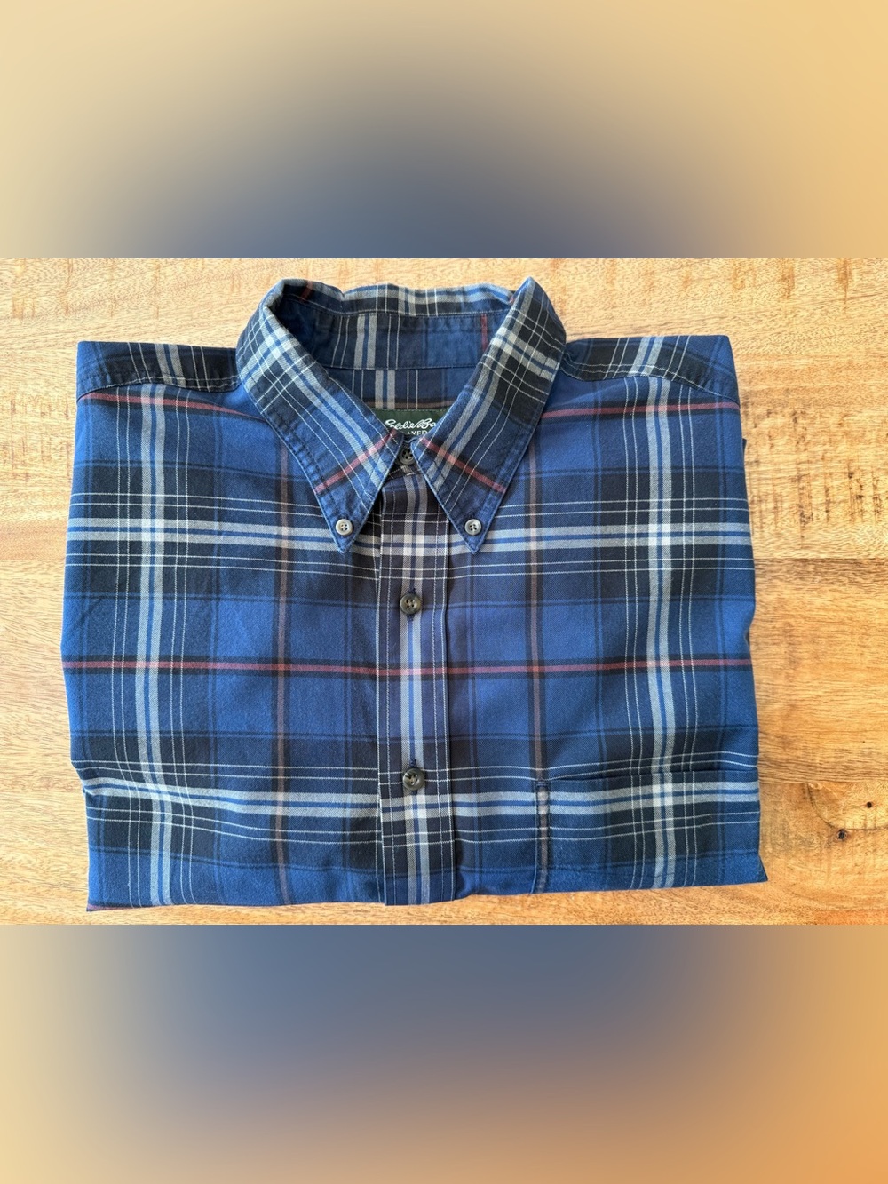 Eddie Bauer relaxed fit Men's Blue Plaid Button-Down Shirt, Large Tall